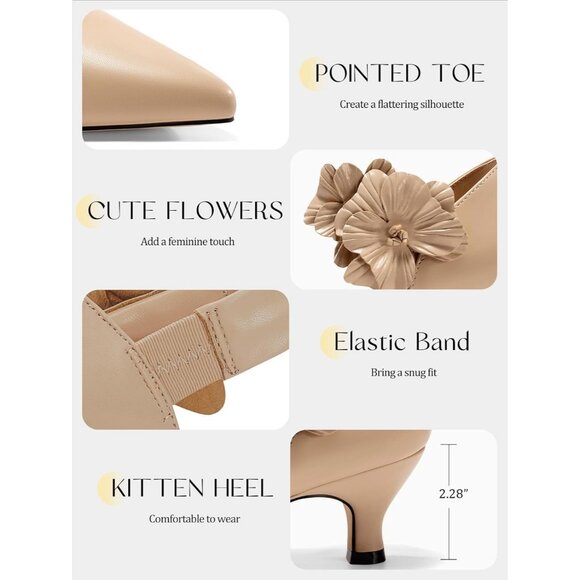 Women's Low Kitten Heels Dressy Shoes Closed Toe Flower Slip-On Party Pumps - Picture 5 of 5